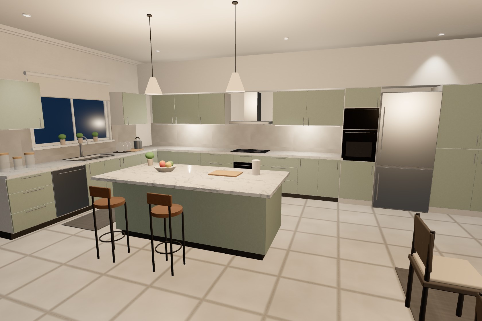 Photoreal kitchen render with sage cabinets and a laminate island
