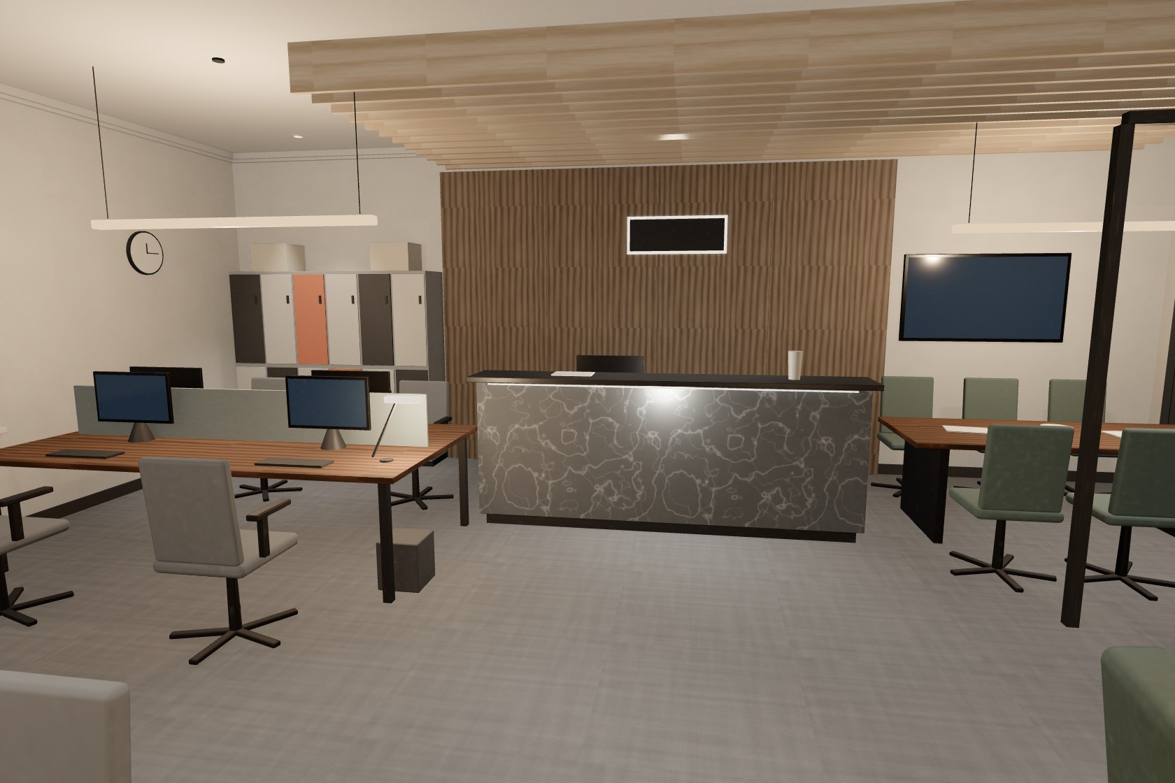 Office render at night: walnut desks under pendant lighting