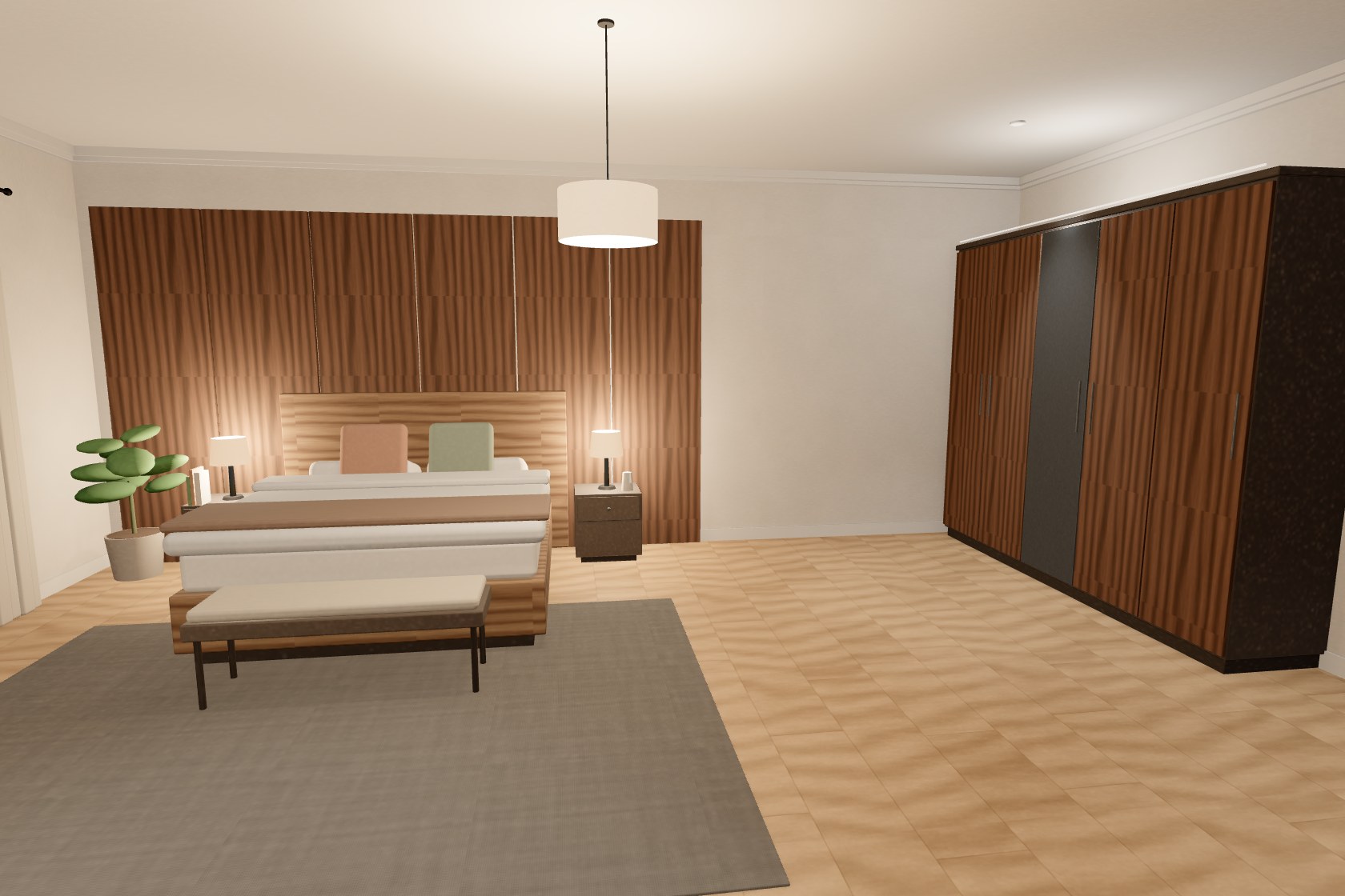 Bedroom render with the wardrobe in dark Sorrento Walnut